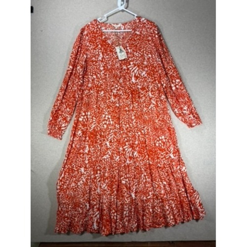 Easel Maxi Dress Women Large Orange New Tiered Boho Abstract Long Sleeve V-Neck